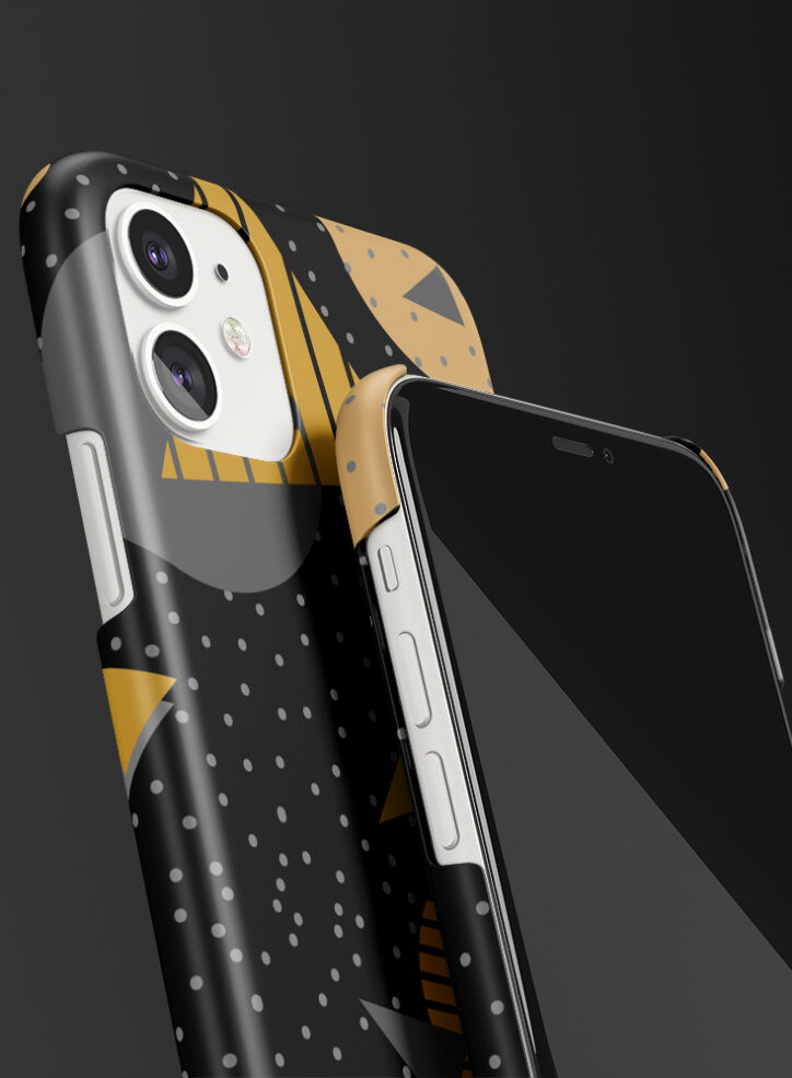 Triangles and circles black memphis phone case closeup