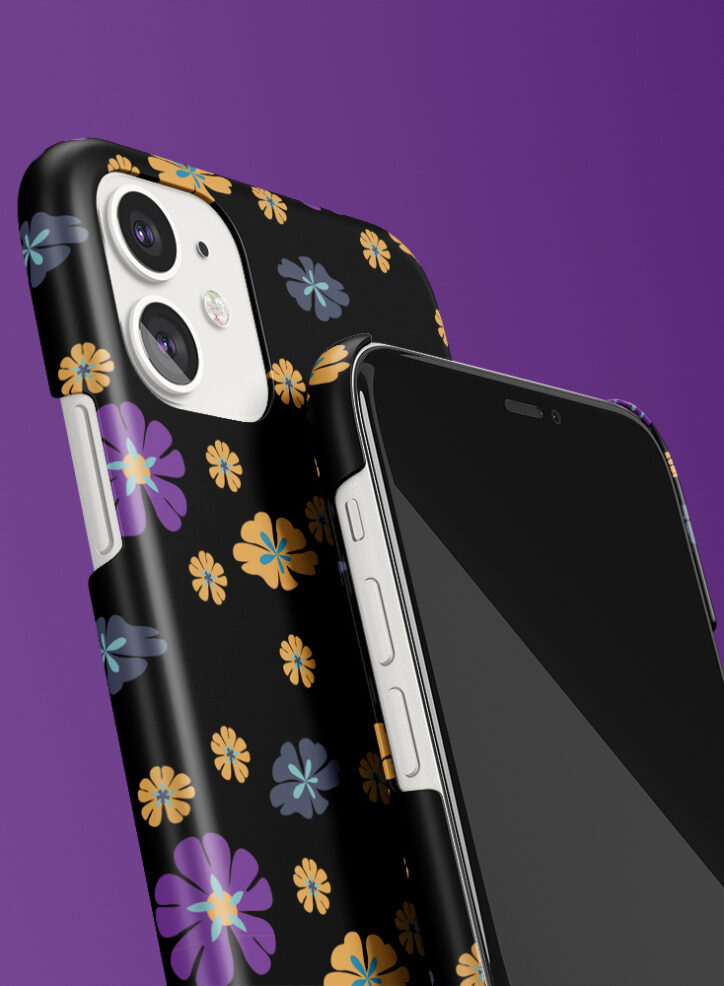 Colourful flowers floral pattern in black phone case closeup