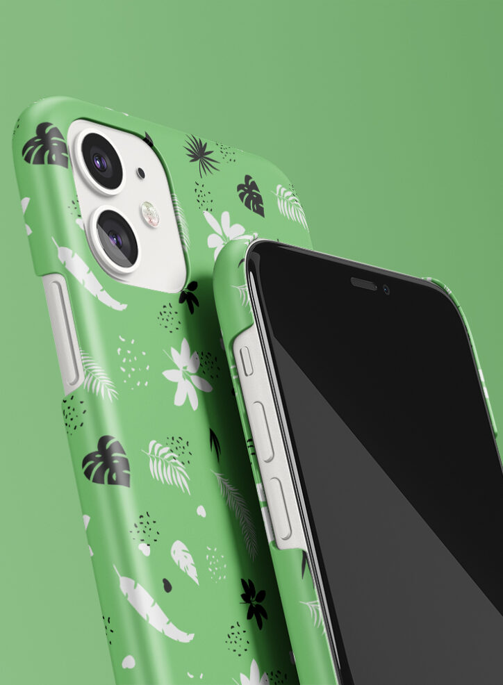 Green forest leaves pattern phone case closeup