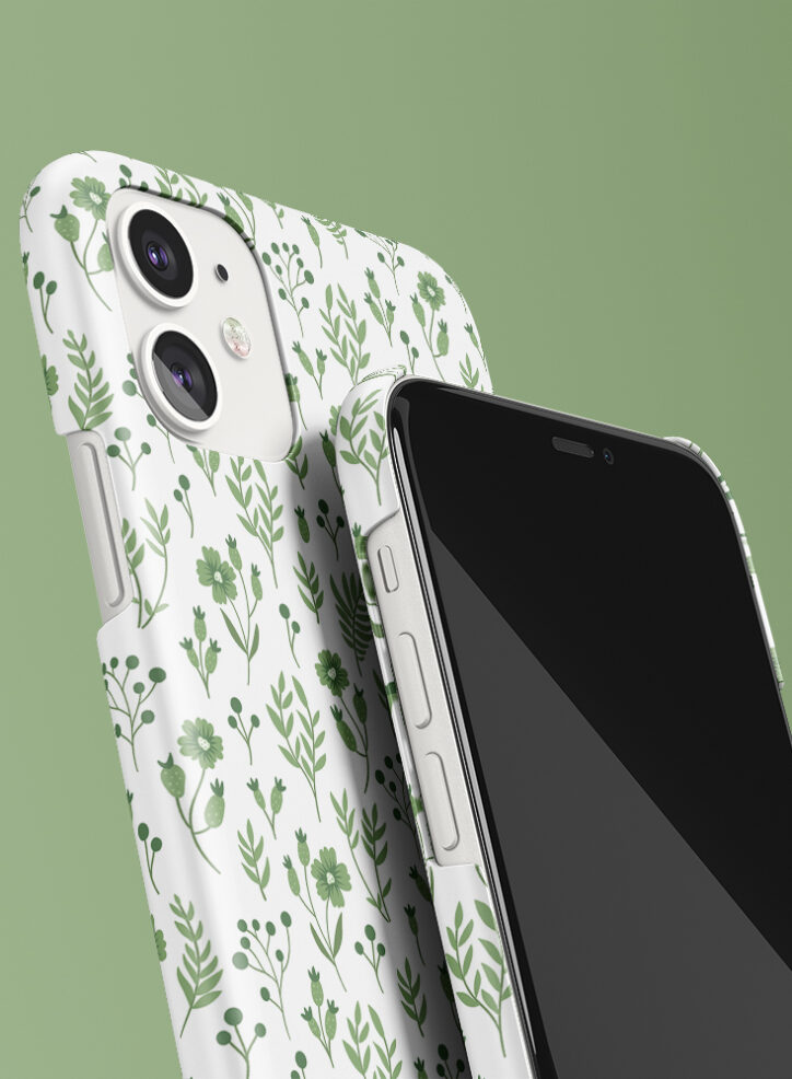 Forest green blossoms pattern phone case closeup