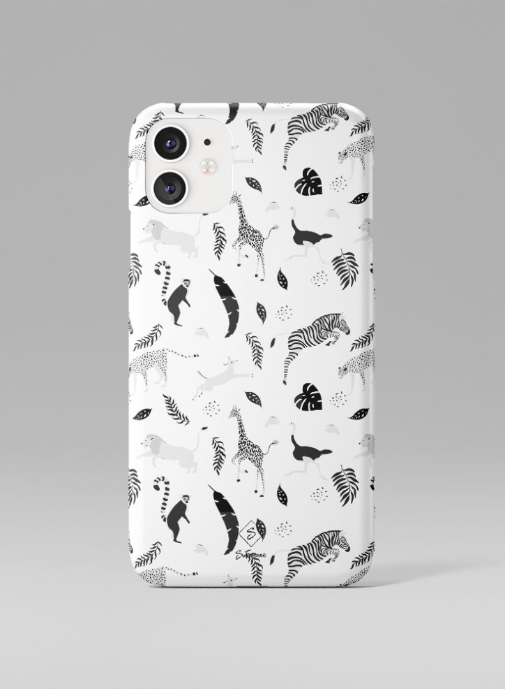 Animals causing mayhem in the jungle pattern phone case front