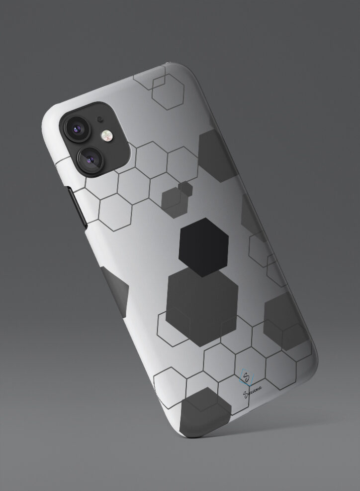 Floating hexagons in black and white phone case side