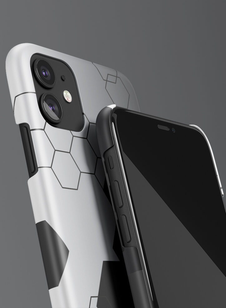 Floating hexagons in black and white phone case closeup