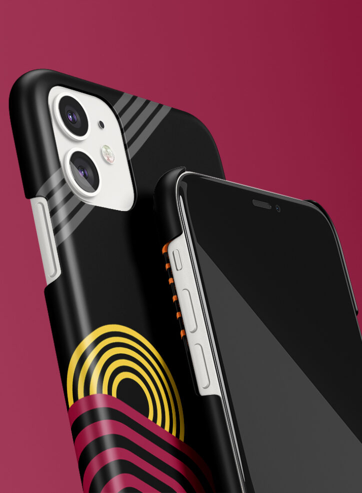Roundeed geometric shapes in dark phone case closeup