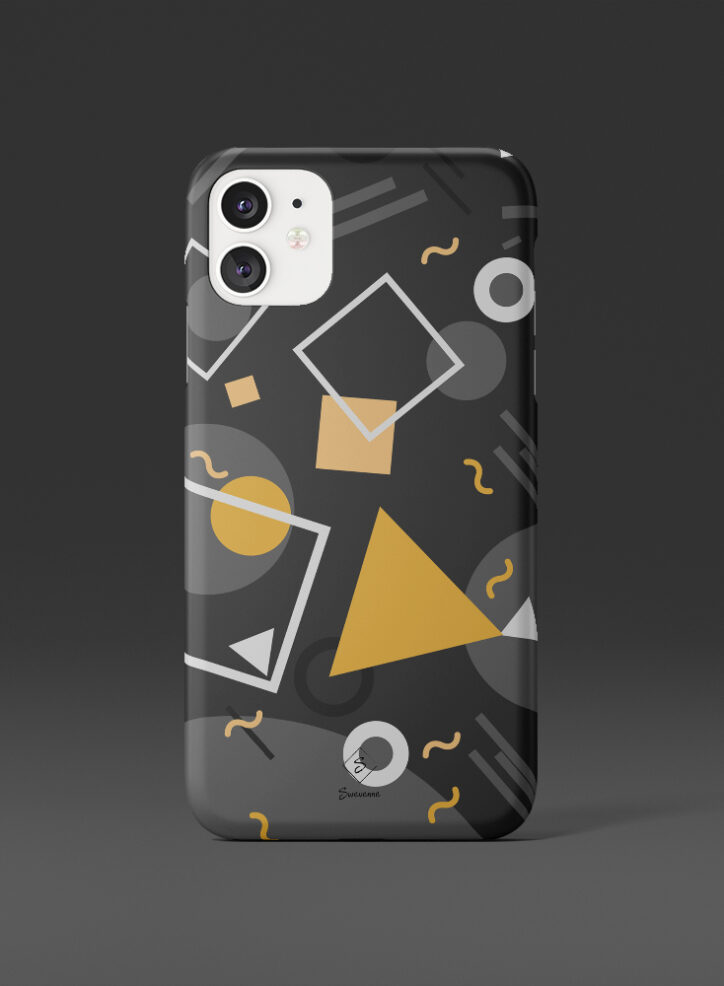 Overtly arranged geometric shapes in memphis design white phone case front