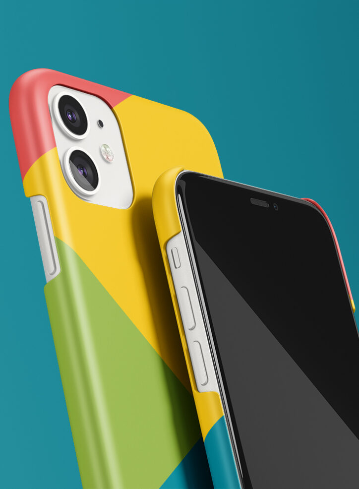 Colourful squares at random angles phone case closeup